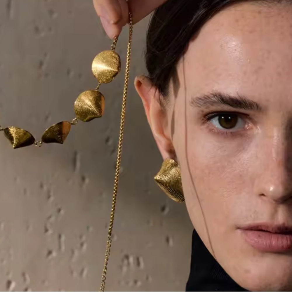 Gold Textured Seashell Statement Earrings – PVD Plated Stainless Steel - Picture 3 of 12